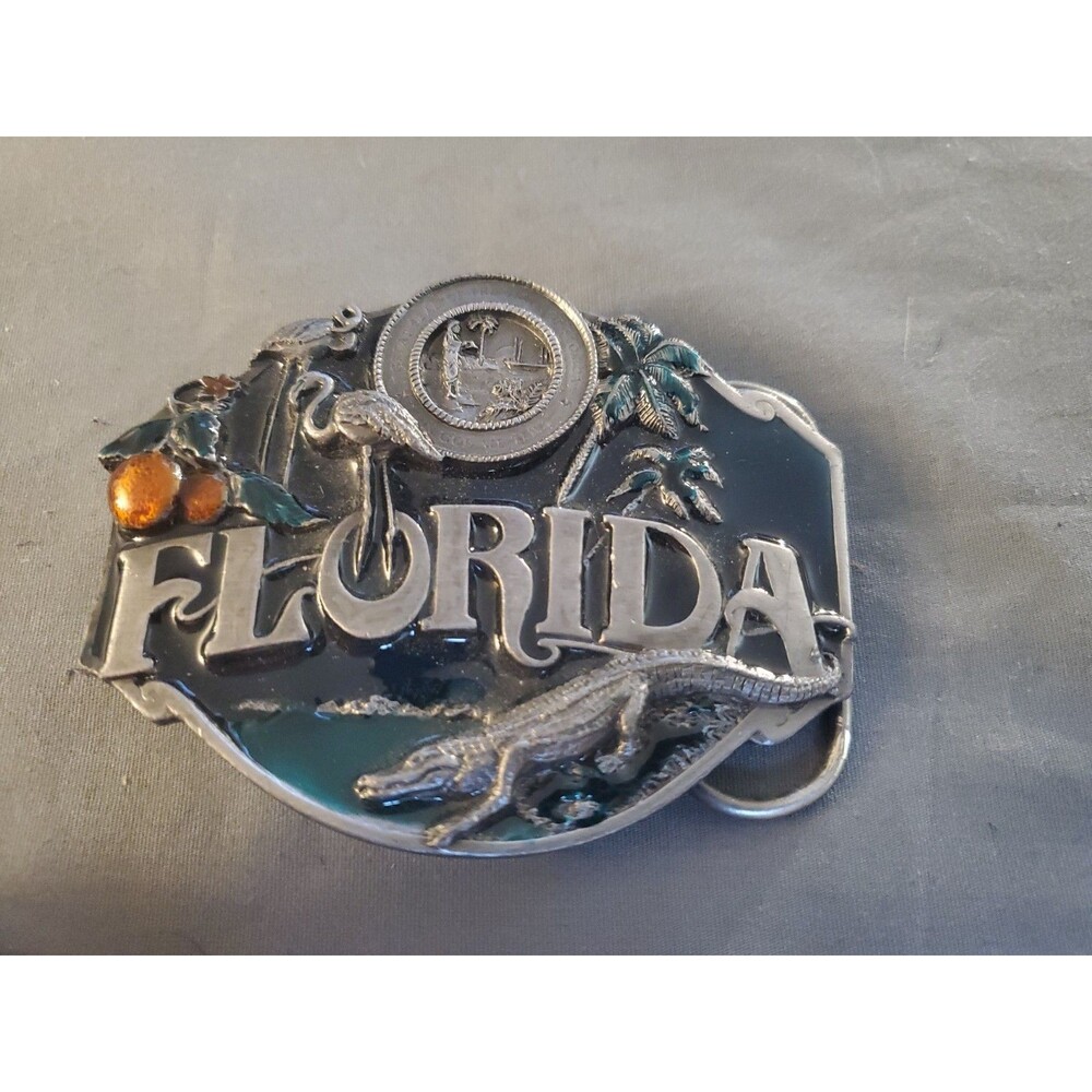 Vtg 1986 Siskiyou Florida State Belt Buckle Flamingo Alligator Oranges Made USA